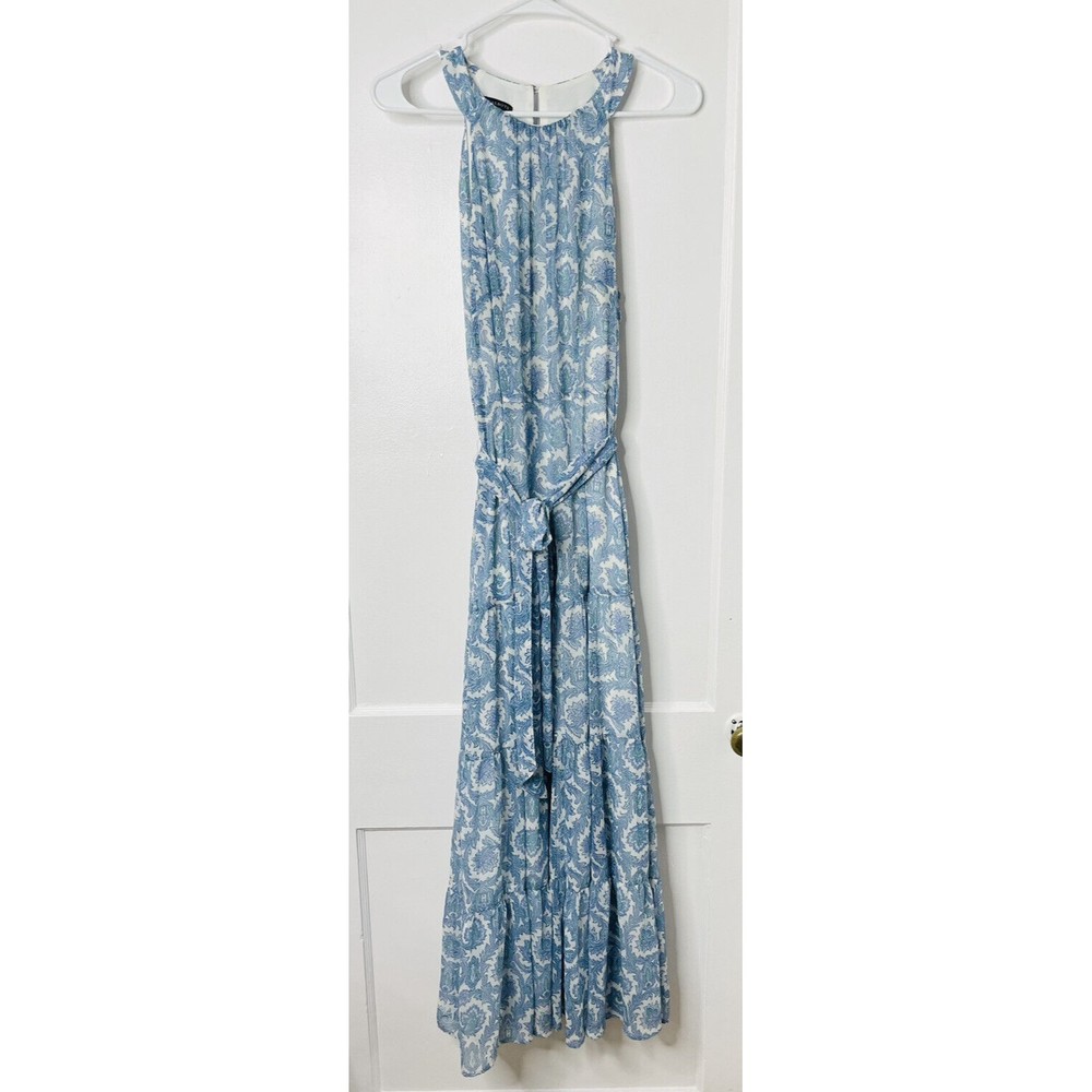 Talbots Womens Sz 8 Halter Maxi Dress White Blue Paisley Chiffon Tiered, Wedding